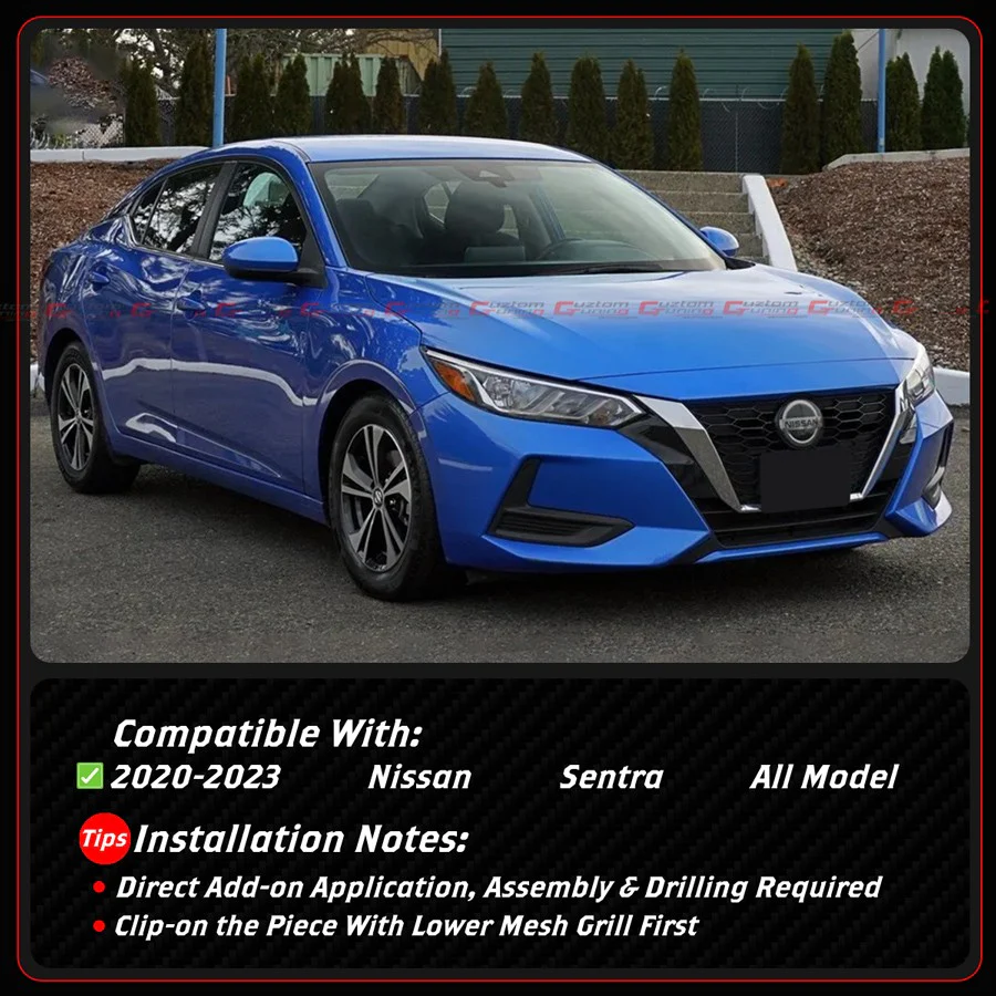 For 2020-2023 Nissan Sentra V2 Gloss Black Front Bumper Lip W/ Grill +Chrome Delete Garnish - Image 3