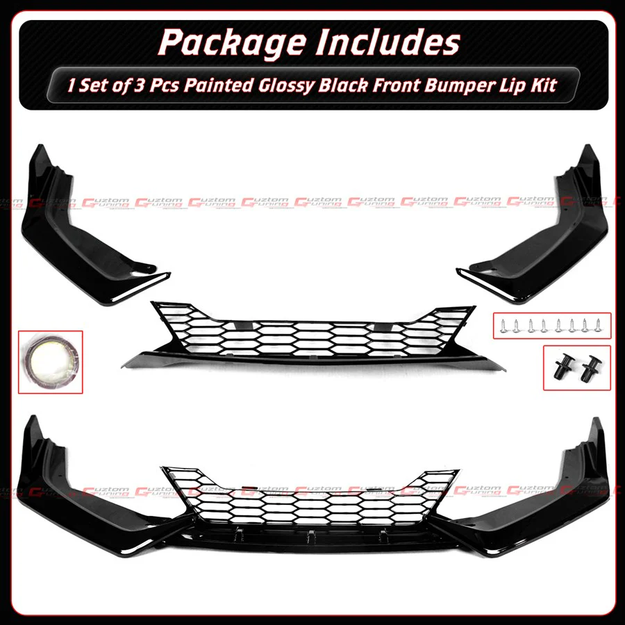 For 2020-2023 Nissan Sentra V2 Gloss Black Front Bumper Lip W/ Grill +Chrome Delete Garnish - Image 4