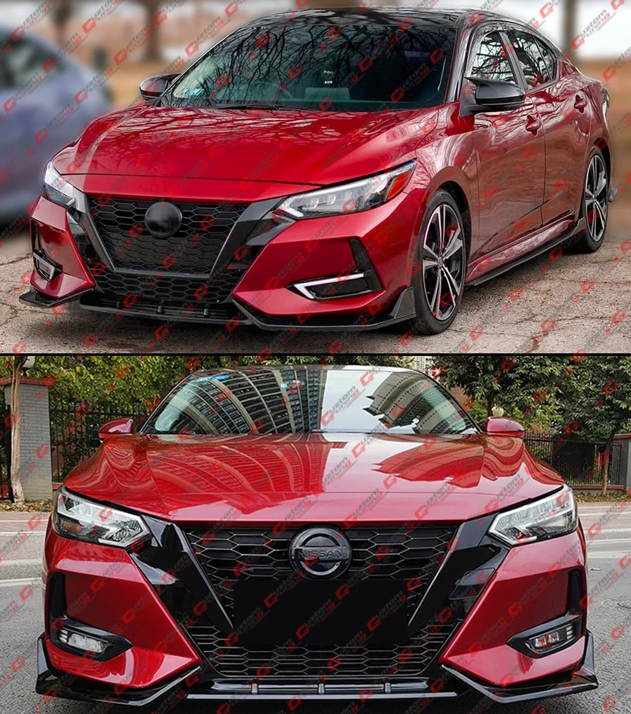 For 2020-2023 Nissan Sentra V2 Gloss Black Front Bumper Lip W/ Grill +Chrome Delete Garnish - Image 9