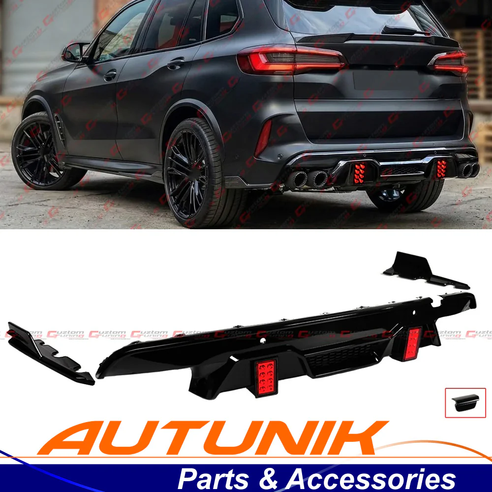 For 2020-2026 BMW F95 X5M F96 X6M LT Style Gloss Black Dual LED Rear Bumper Diffuser