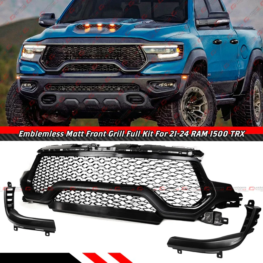 For 2021-2024 RAM 1500 TRX Emblemless Matte Black Front Upper Grille w/ LED DRL Light Bar - Image 2