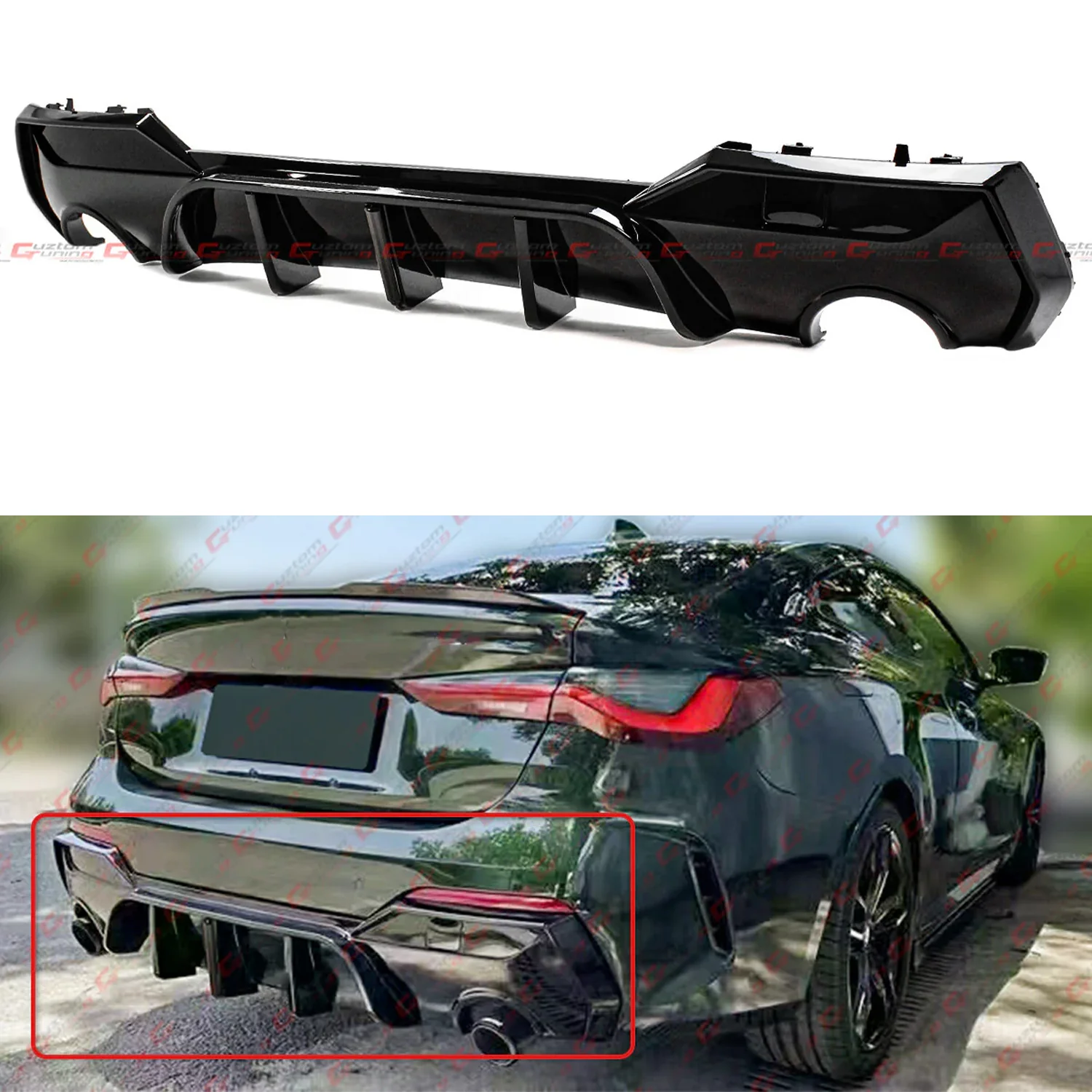 For 2021-2026 BMW Coupe G22 G23 4 Series 430i 440i M-Sport Smoke Lens LED Shark Fin Gloss Black Rear Diffuser