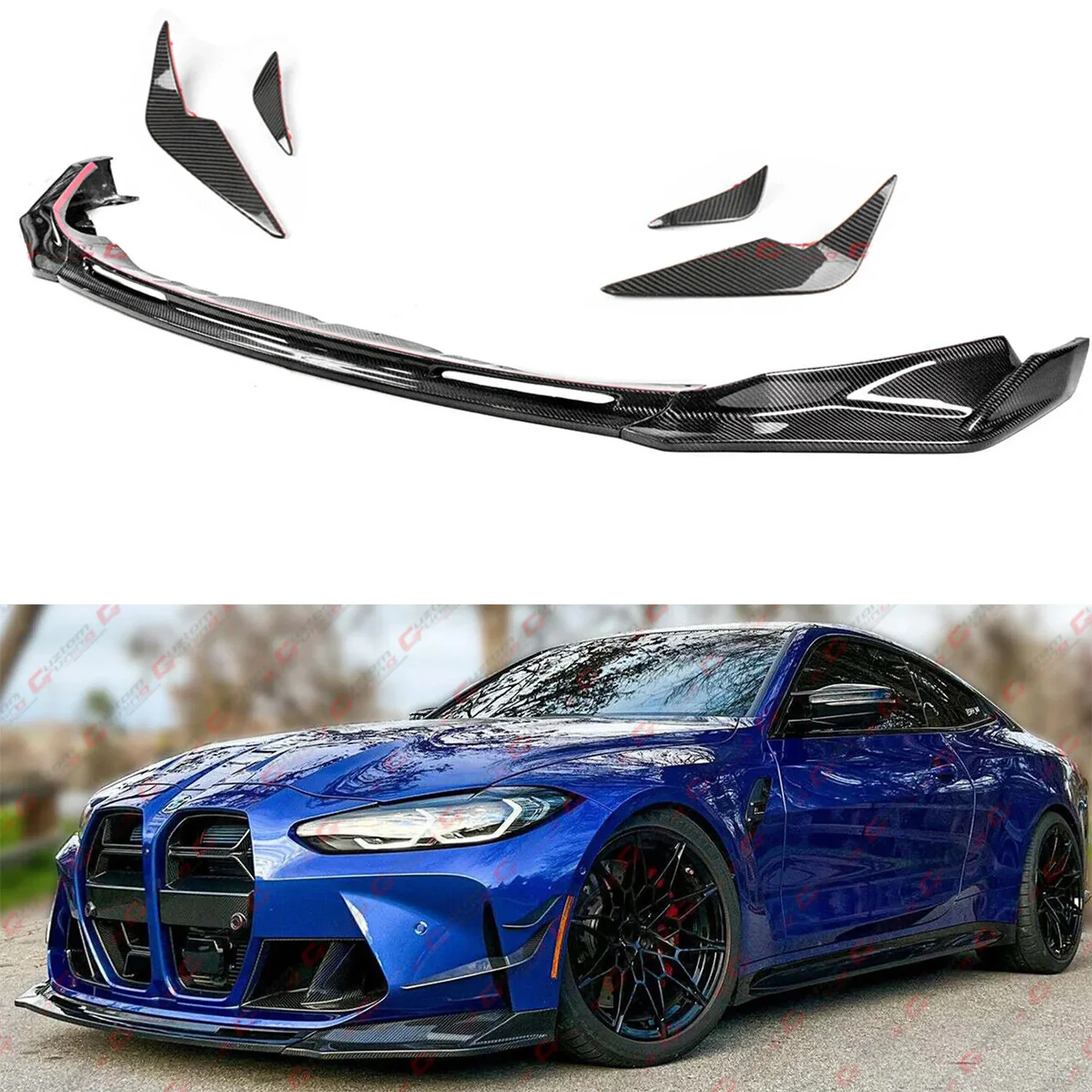 For 2021-2025 BMW G80 M3 G82 G83 M4 Carbon Fiber 3PCS Front Lip + Aero Canard Fin Set
