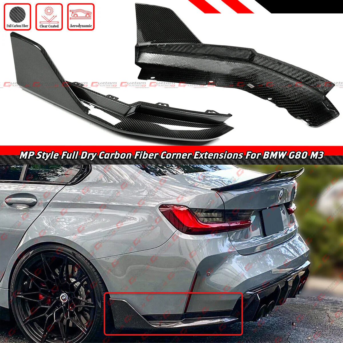 For 2021-2025 BMW G80 M3 MP Style Dry Carbon Fiber Rear Bumper Side Corner Spats Extension - Image 2