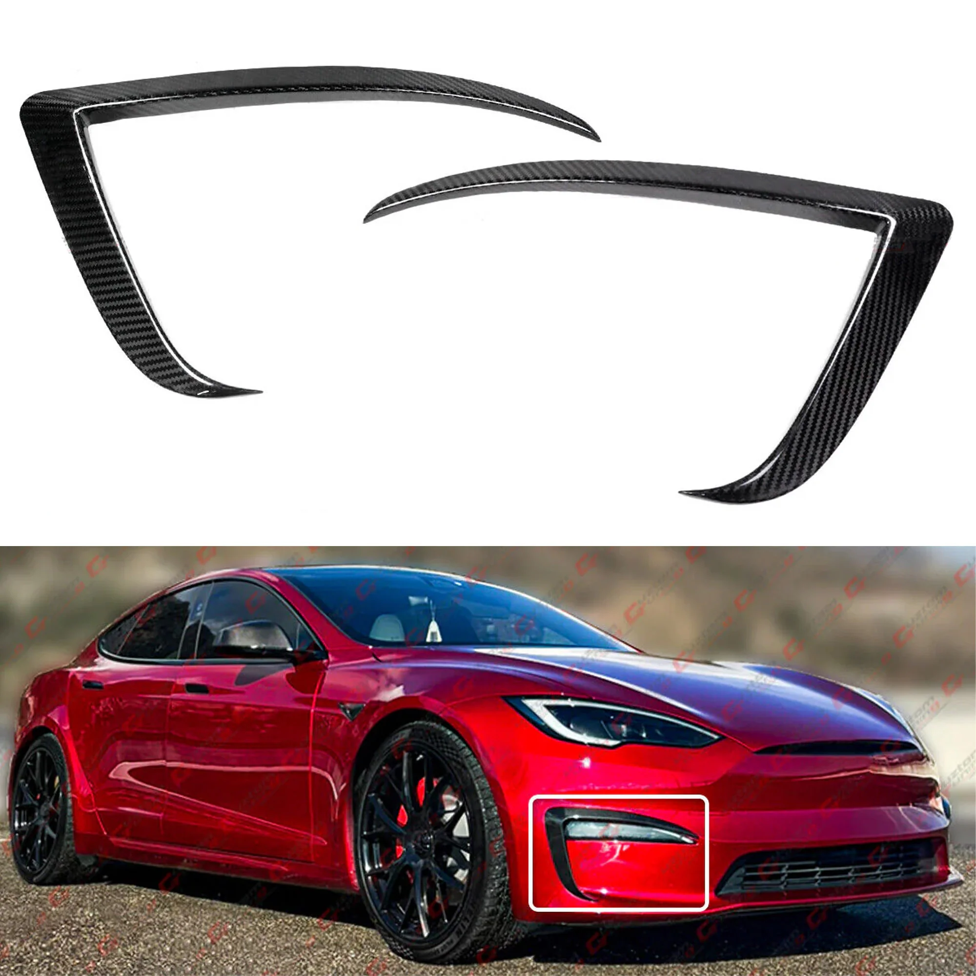 For 2021-2025 Tesla Model S Full Carbon Fiber Front Bumper Fog Light Garnish Trim
