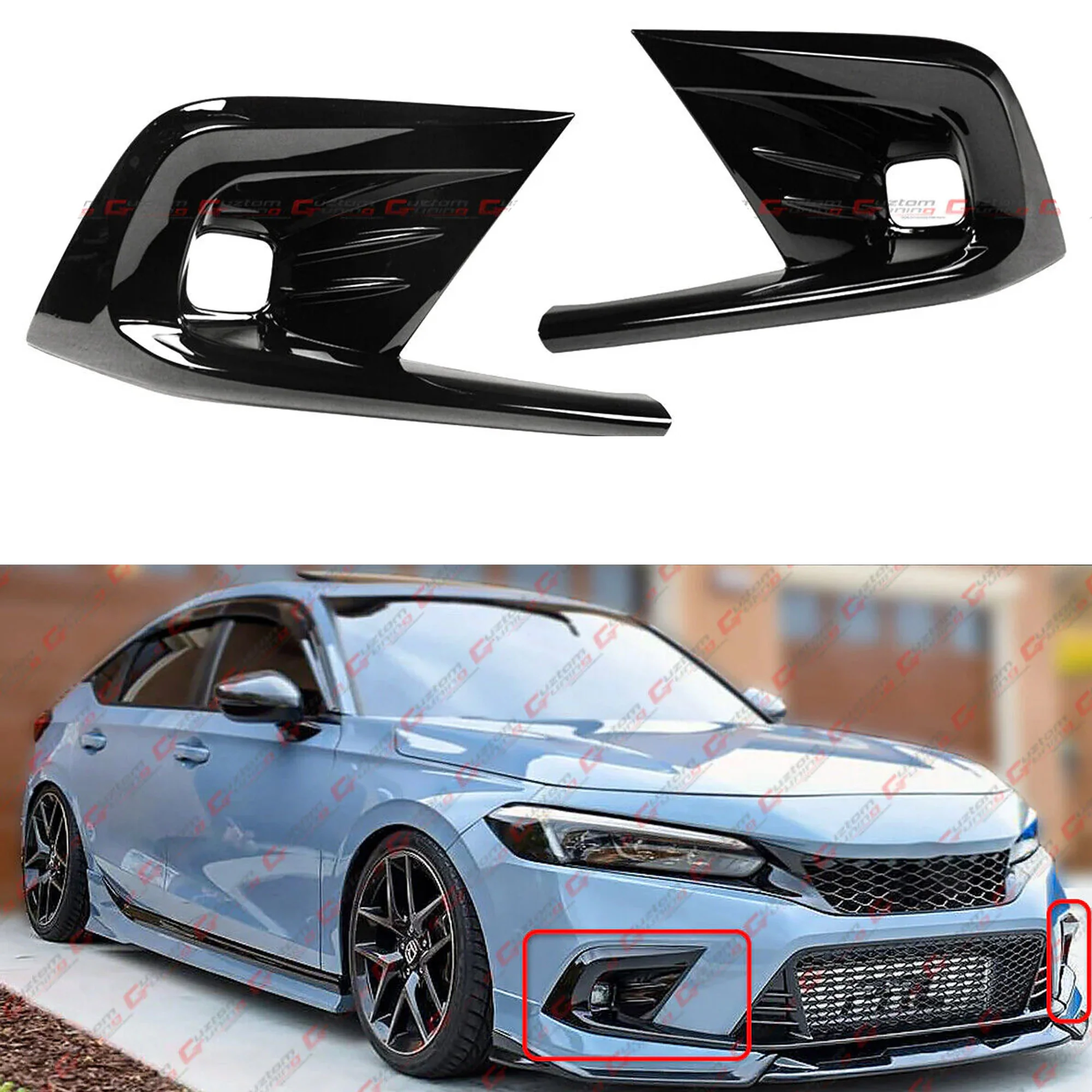For 2022-2025 Honda Civic Aero Fin Style Gloss Black Fog Light Lamp Bezel Add-On Cover