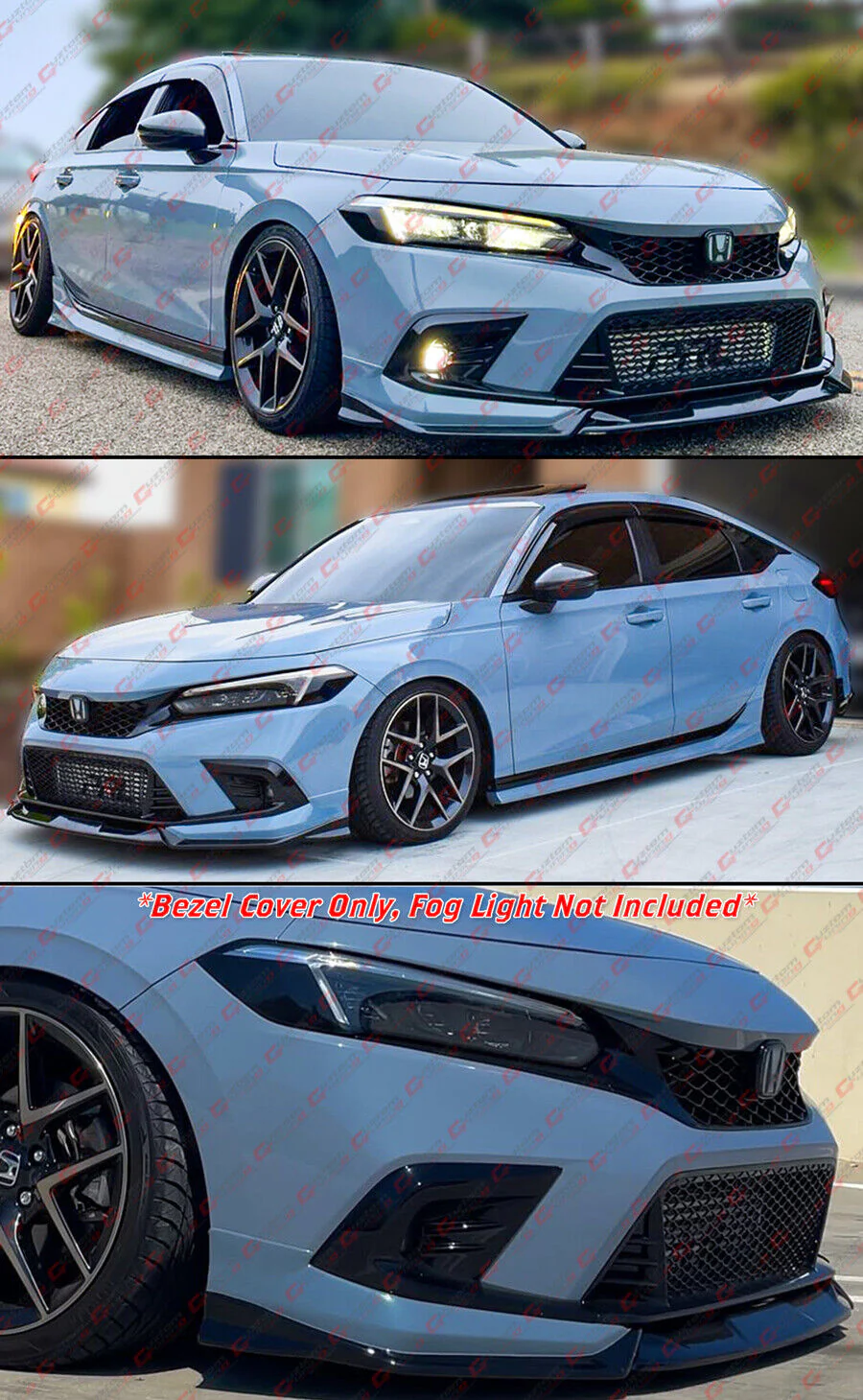 For 2022-2025 Honda Civic Aero Fin Style Gloss Black Fog Light Lamp Bezel Add-On Cover - Image 3