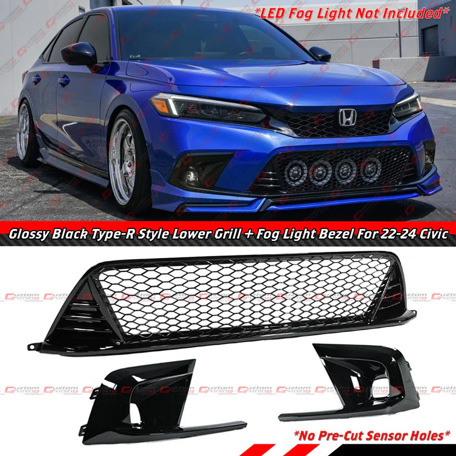 For 2022-2024 Honda Civic Gloss Black Front Lower Grill + Fog Light Bezel Cover Replacement - Image 2