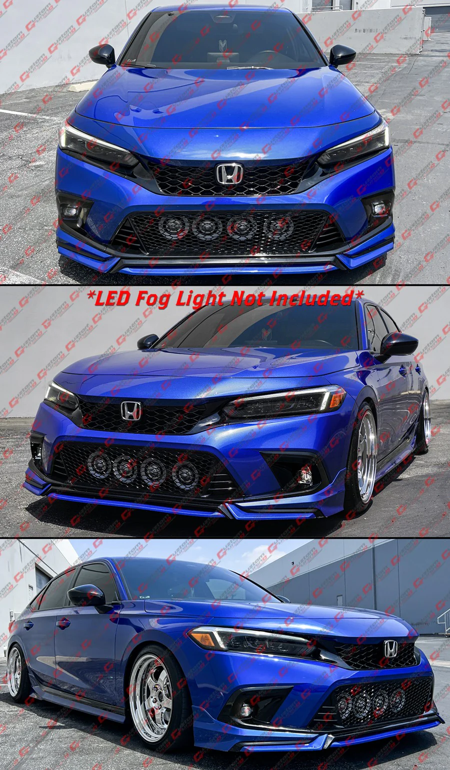 For 2022-2024 Honda Civic Gloss Black Front Lower Grill + Fog Light Bezel Cover Replacement - Image 7