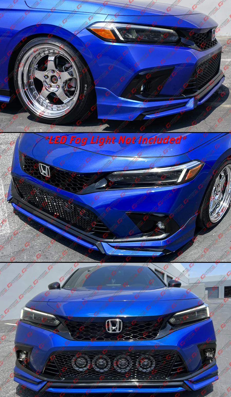 For 2022-2024 Honda Civic Gloss Black Front Lower Grill + Fog Light Bezel Cover Replacement - Image 8