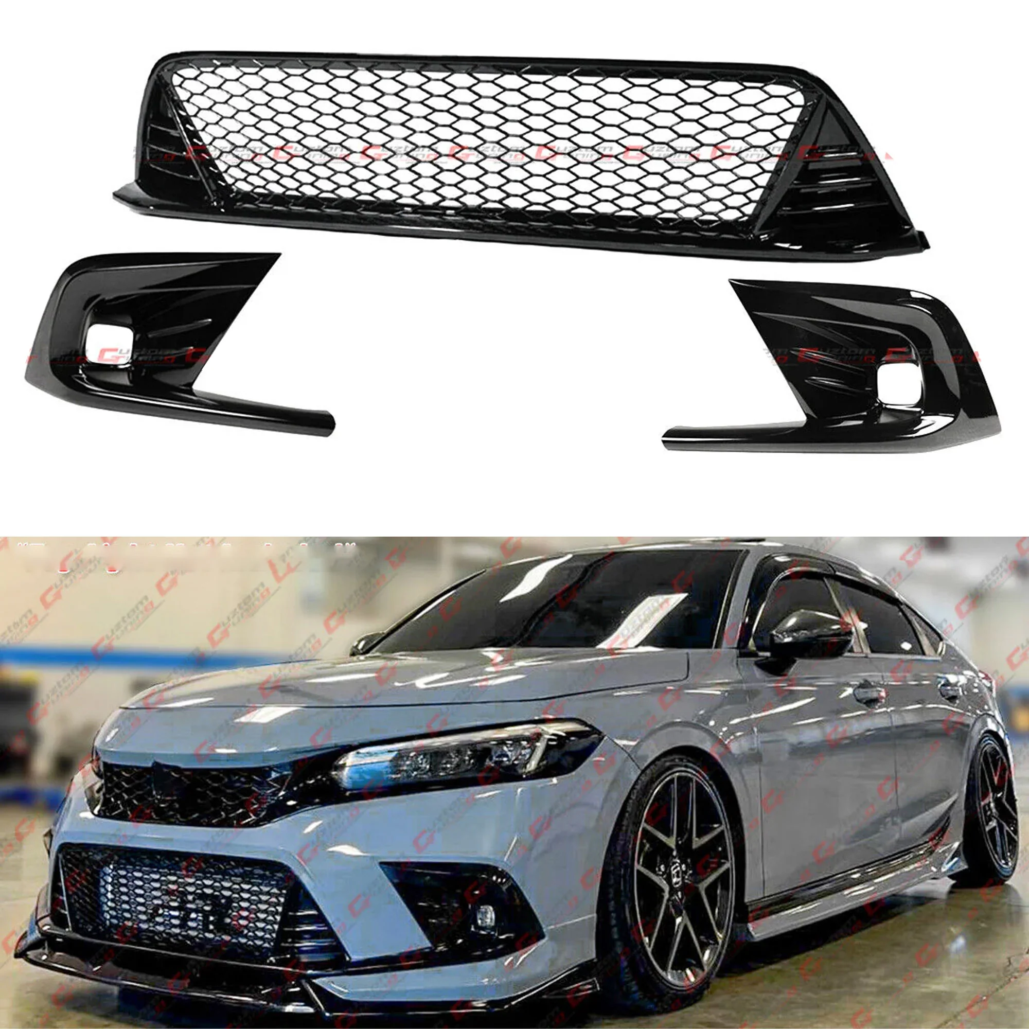 For 2022-2024 Honda Civic Gloss Black Type-R Style Honeycomb Front Lower Grill + Fog Light Bezel Cover