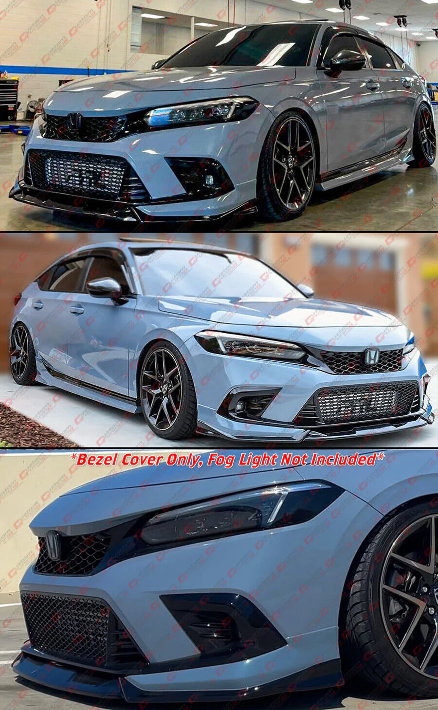 For 2022-2024 Honda Civic Gloss Black Type-R Style Honeycomb Front Lower Grill + Fog Light Bezel Cover - Image 5