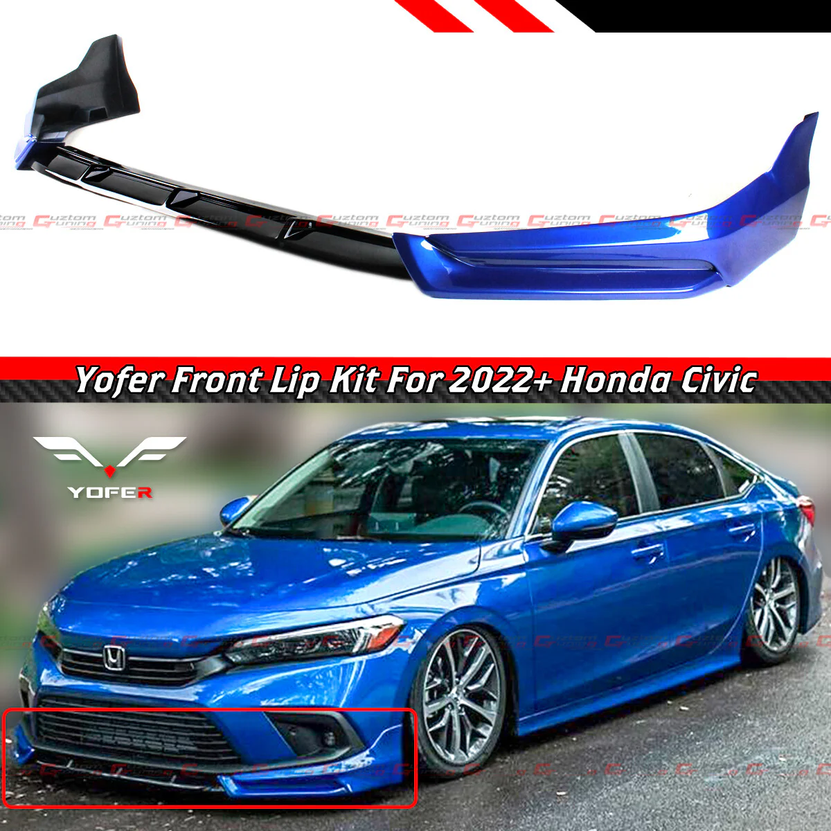 For 2022-2024 Honda Civic Yofer Painted Blue Black Front Bumper Lip Splitter Kit