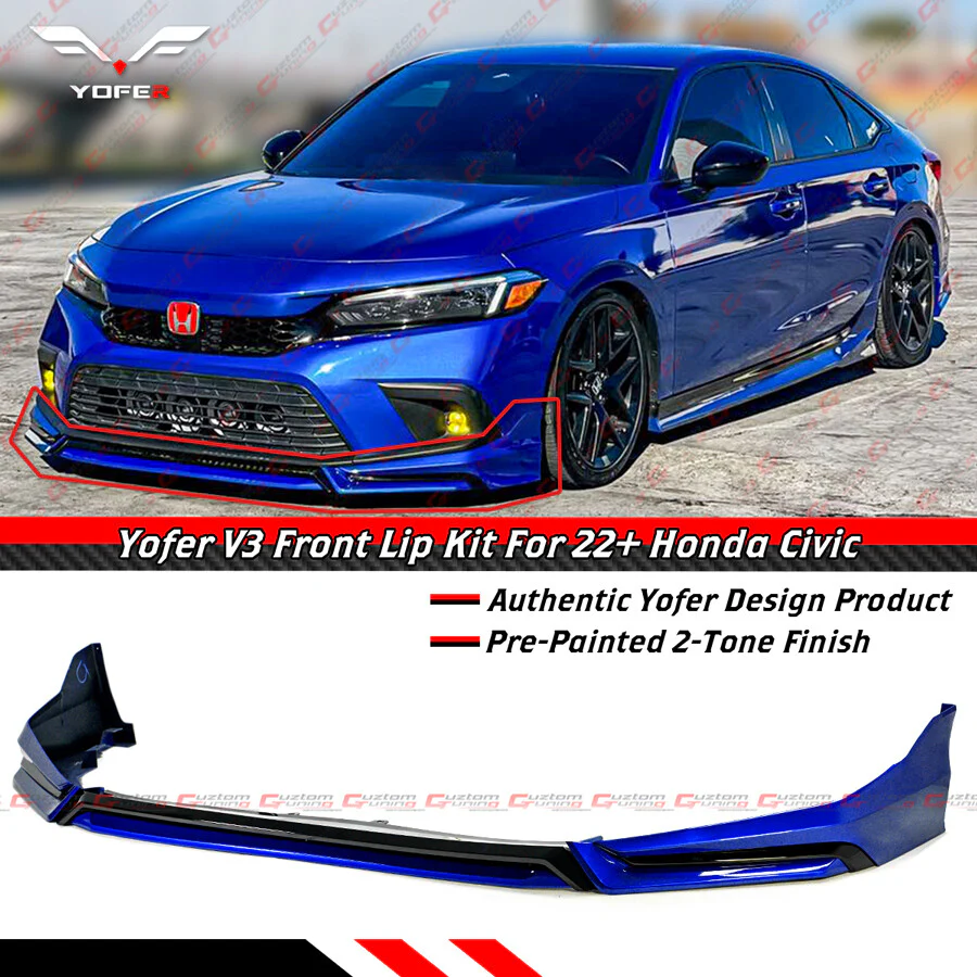 For 2022-2024 Honda Civic Yofer V3 Blk Aegean Blue Front Bumper Lip Splitter Kit - Image 2