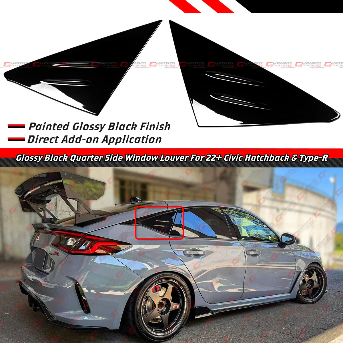 For 2022-2026 Honda Civic Hatchback Type R FL5 M Style Gloss Black Side Window Louver