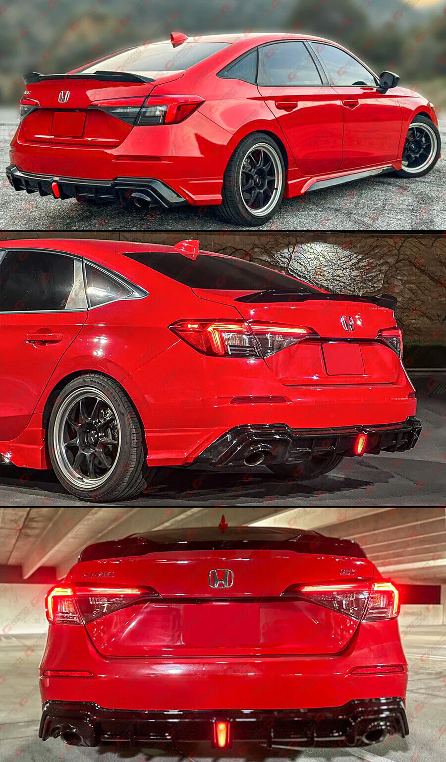 For 2022-2026 Honda Civic Sedan LED Rear Diffuser + Corner Spats Extensions Rallye Red - Image 5