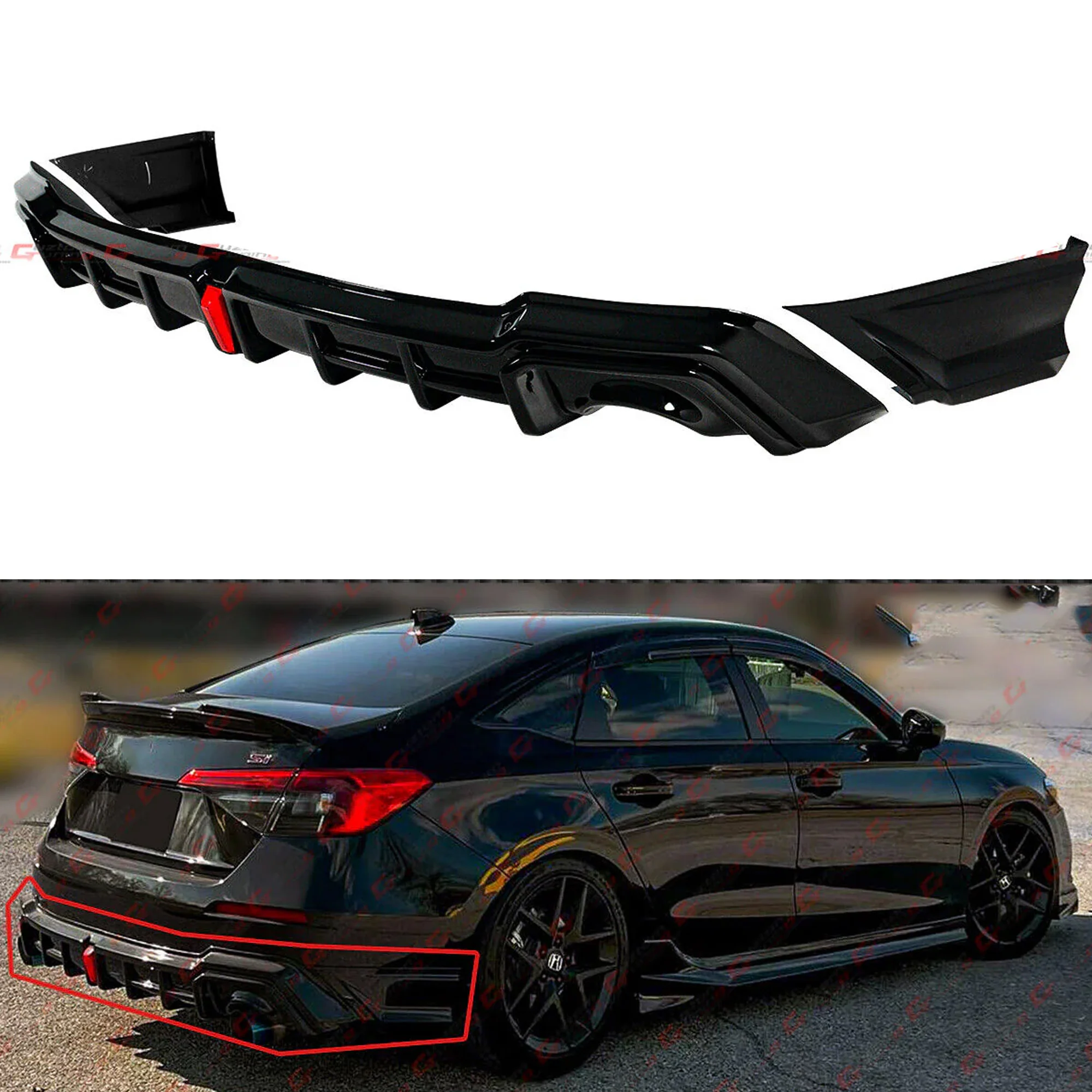 For 2022-2026 Honda Civic Sedan Yofer V2 Gloss Black LED Rear Diffuser + Corner Spats