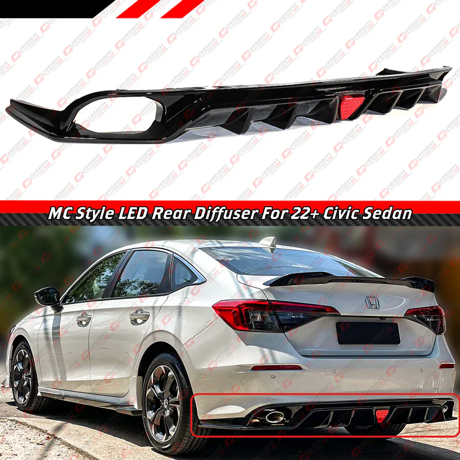 For 2022-2026 Honda Civic Mc Style Fe180 Gloss Black Rear Diffuser W/ Led Light - Image 2