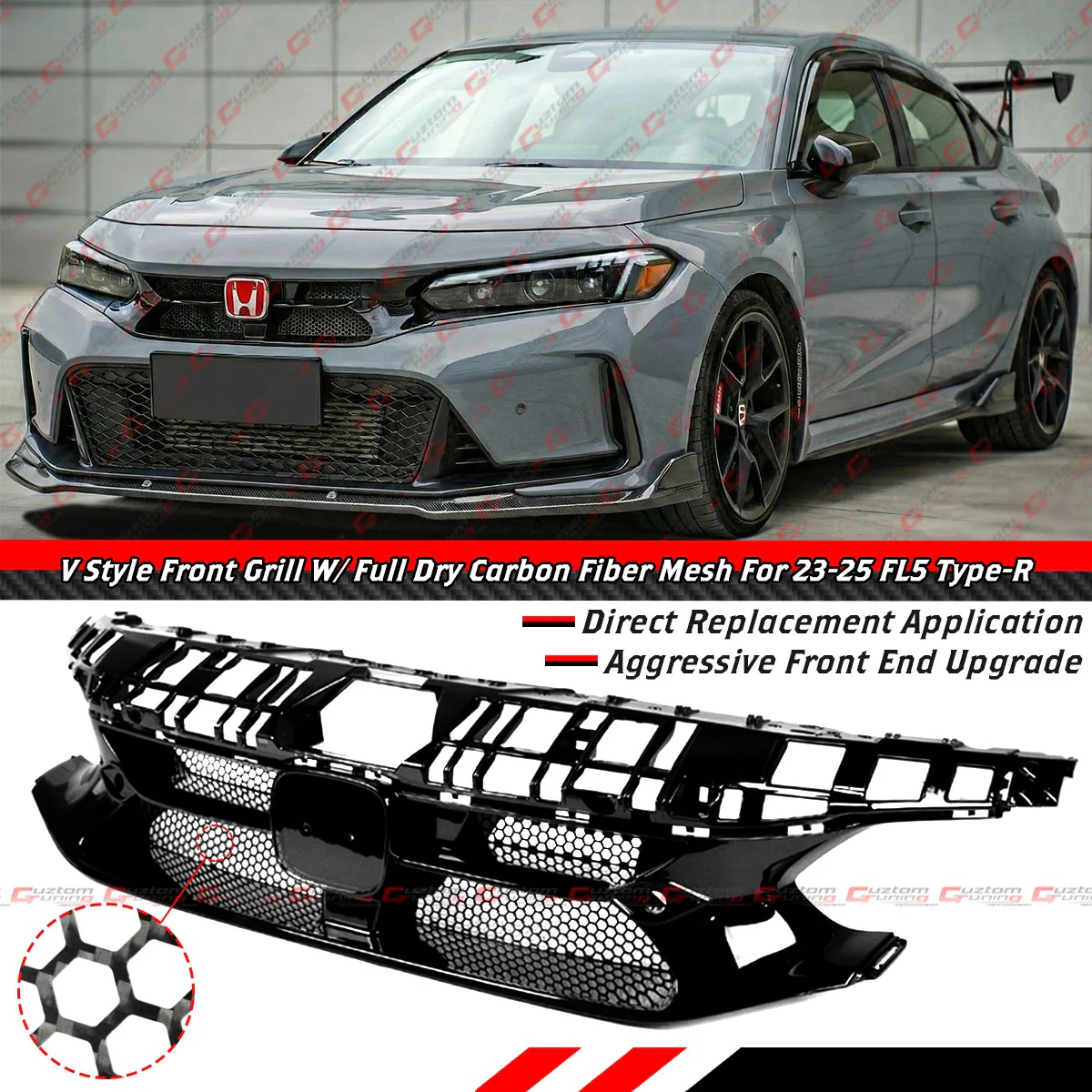 For 2023-2026 Honda Civic Type-R FL5 V Style Front Grill Grille W/ Full Carbon Fiber Mesh