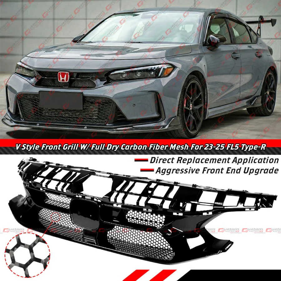 For 2023-2026 Honda Civic Type-R FL5 V Style Front Grill Grille W/ Full Carbon Fiber Mesh - Image 2