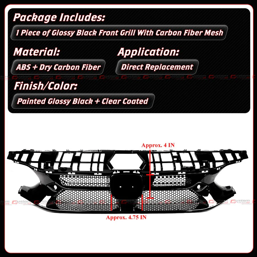 For 2023-2026 Honda Civic Type-R FL5 V Style Front Grill Grille W/ Full Carbon Fiber Mesh - Image 4