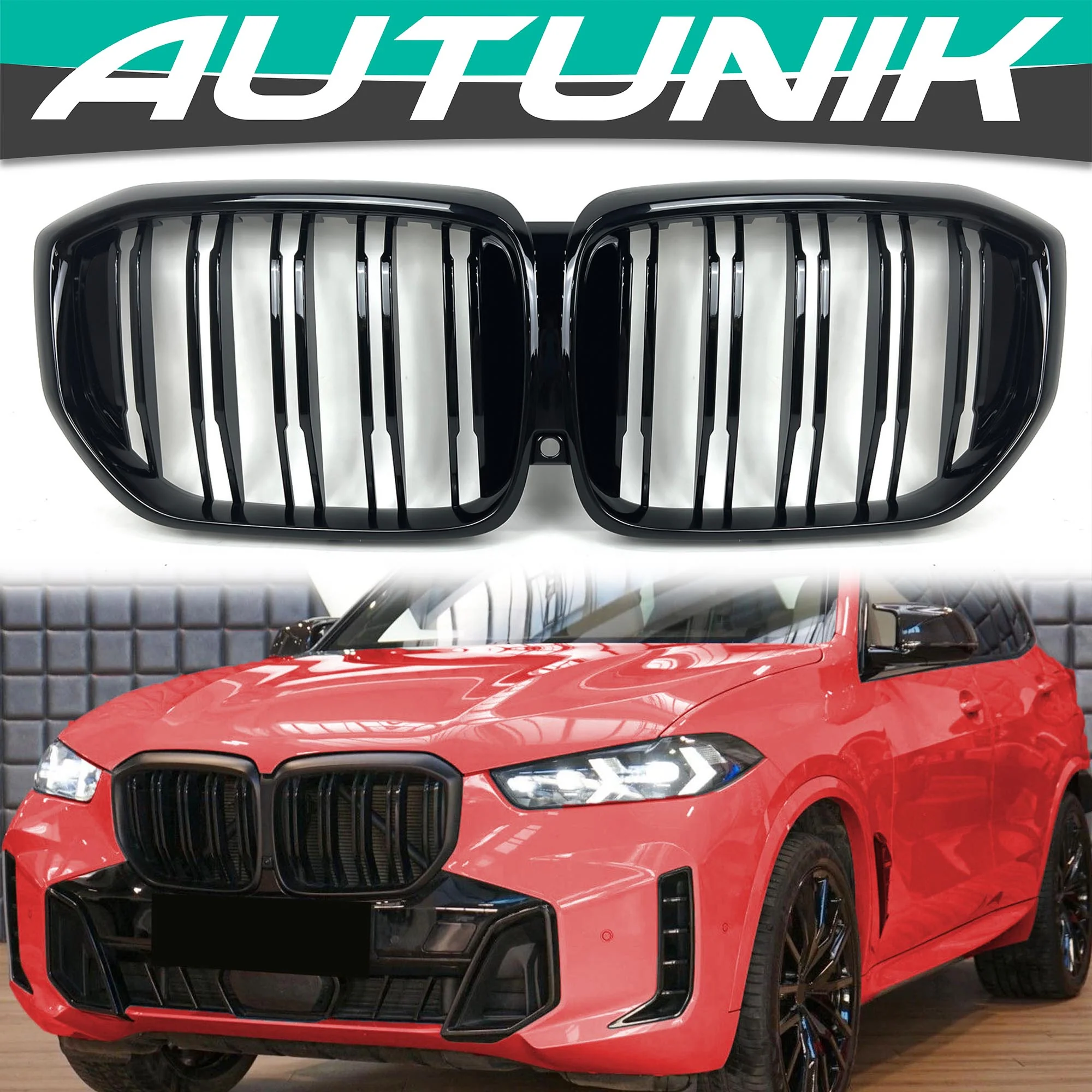 For 2024-2026 BMW X5 G05 LCI Gloss Black Dual Slats Front Kidney Grill