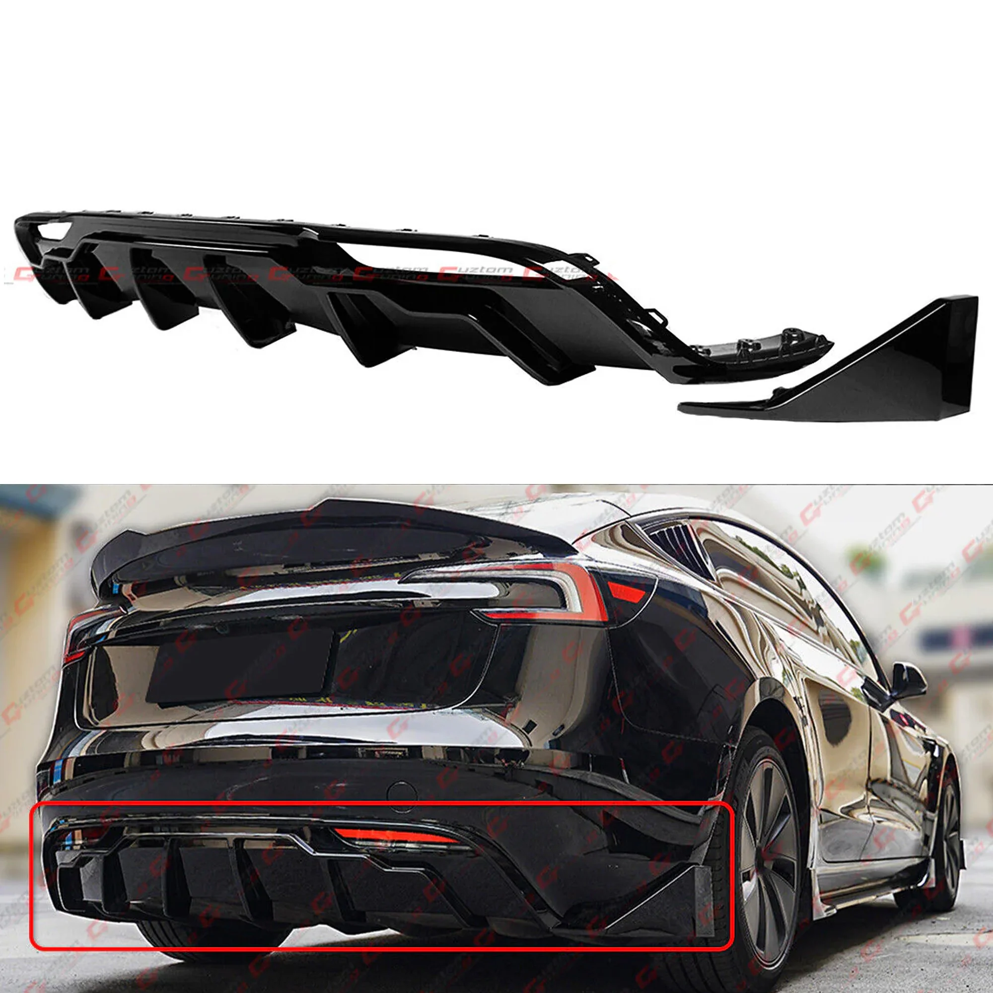 For 2024-2026 Tesla Model 3 Highland V Style Gloss Black Rear Bumper Diffuser Kit