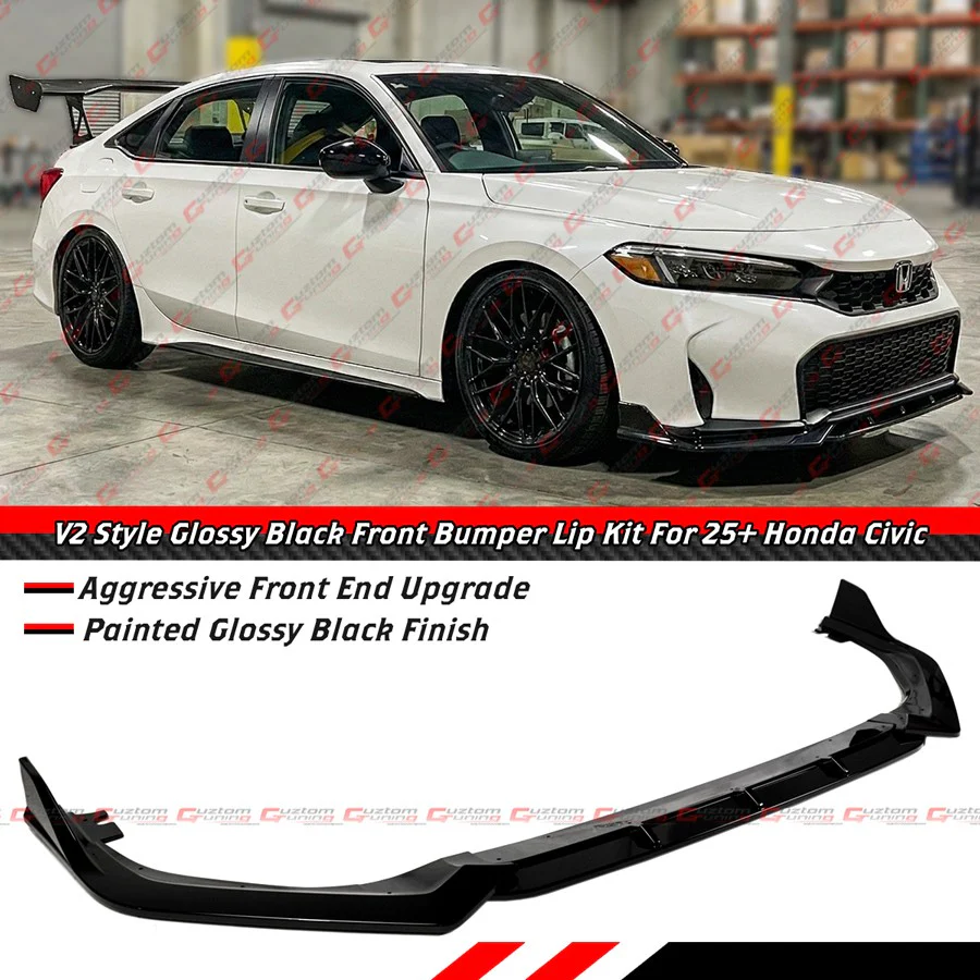For 2025-2026 Honda Civic Sedan Hatchback V2 Gloss Black Front Bumper Lip Splitter - Image 2
