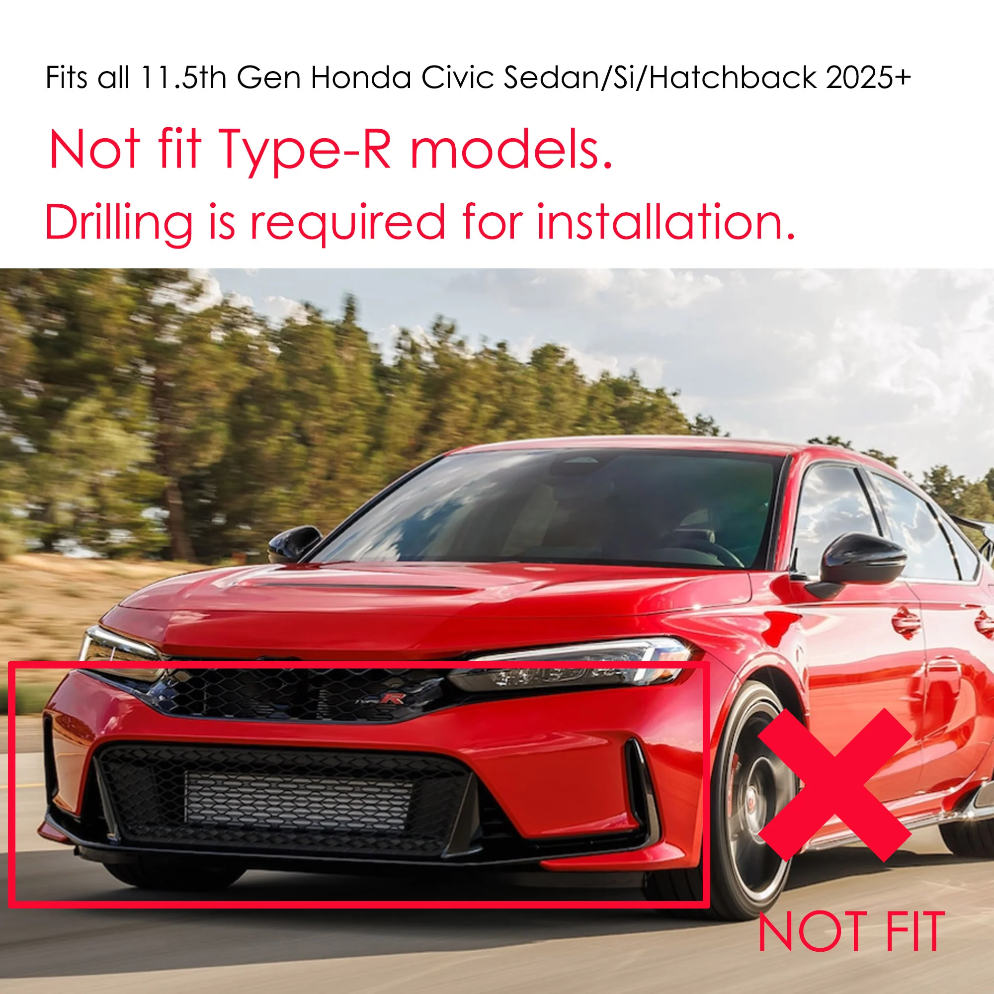 For 2025-2026 Honda Civic 11.5th Gen Yofer Glossy Black Front Bumper Lip Splitter - Image 2