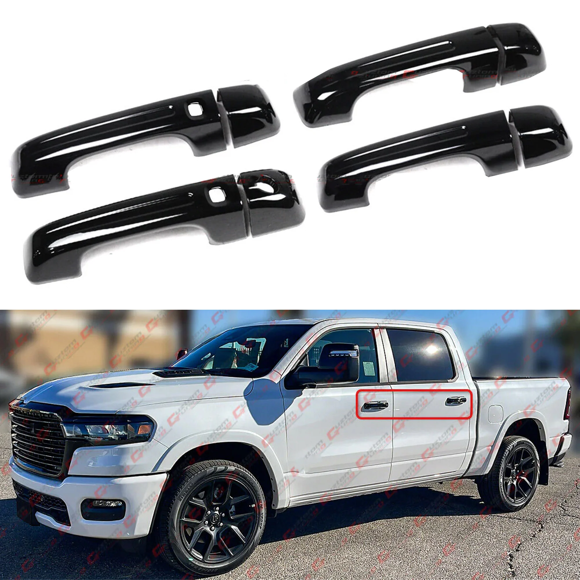 For With Smart Key Hole 2019-2025 RAM 1500 Gloss Black Door Handle Cover Trim Overlay
