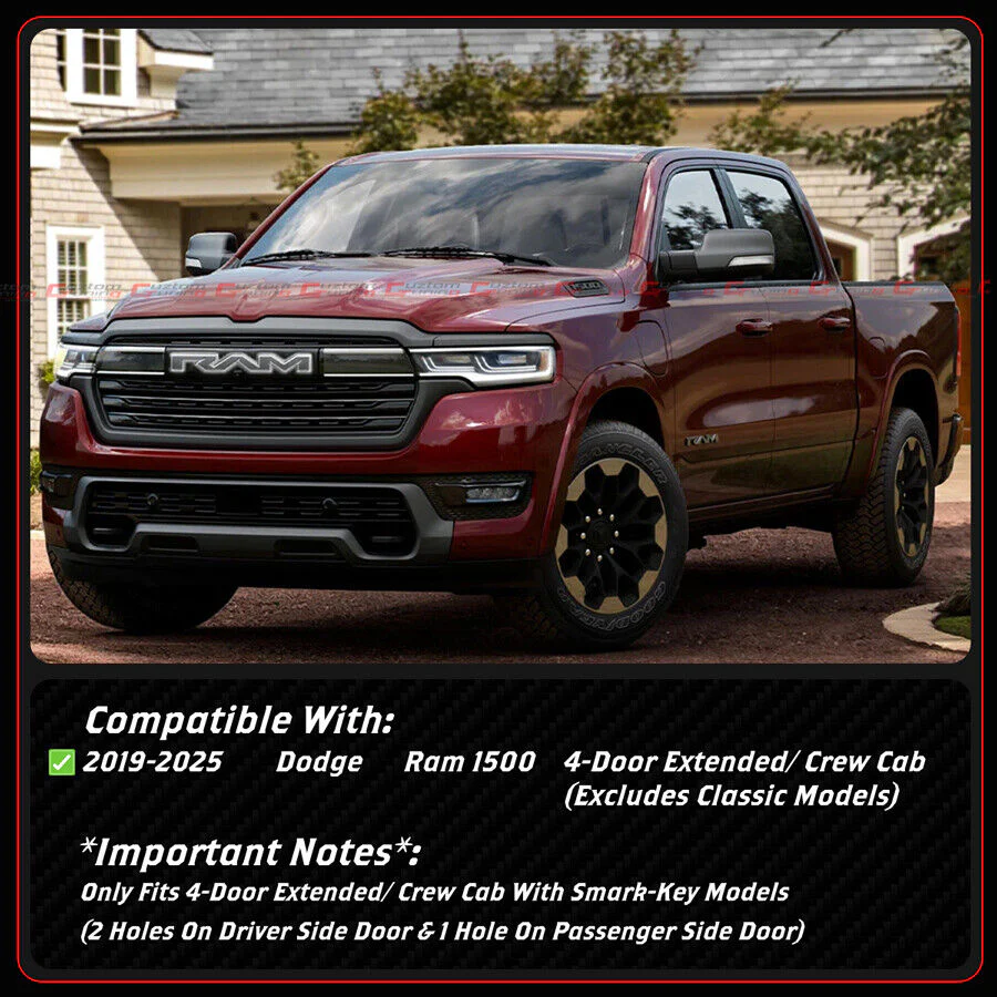 For With Smart Key Hole 2019-2025 RAM 1500 Gloss Black Door Handle Cover Trim Overlay - Image 2