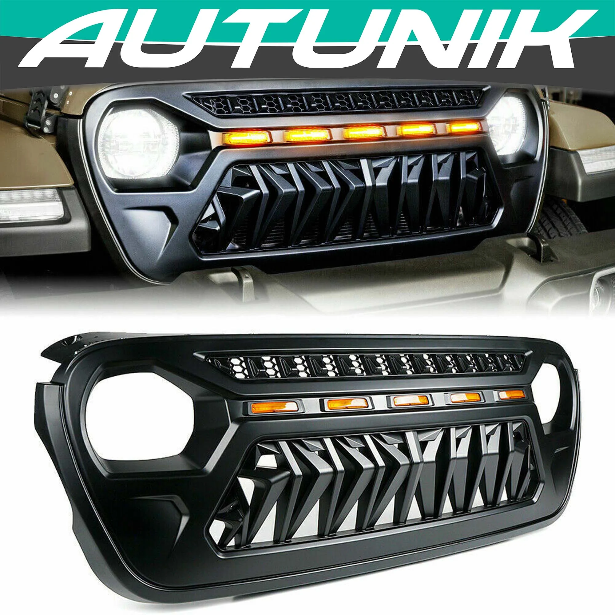 Front Bumper Grill Grille w/ Lights for Jeep Wrangler JL Gladiator JT 2019-2023