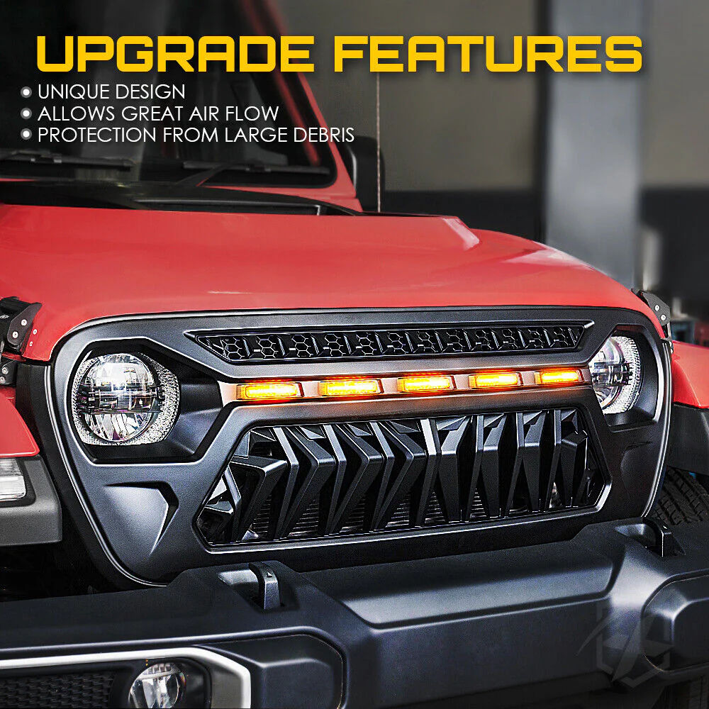 Front Bumper Grill Grille w/ Lights for Jeep Wrangler JL Gladiator JT 2019-2023 - Image 4