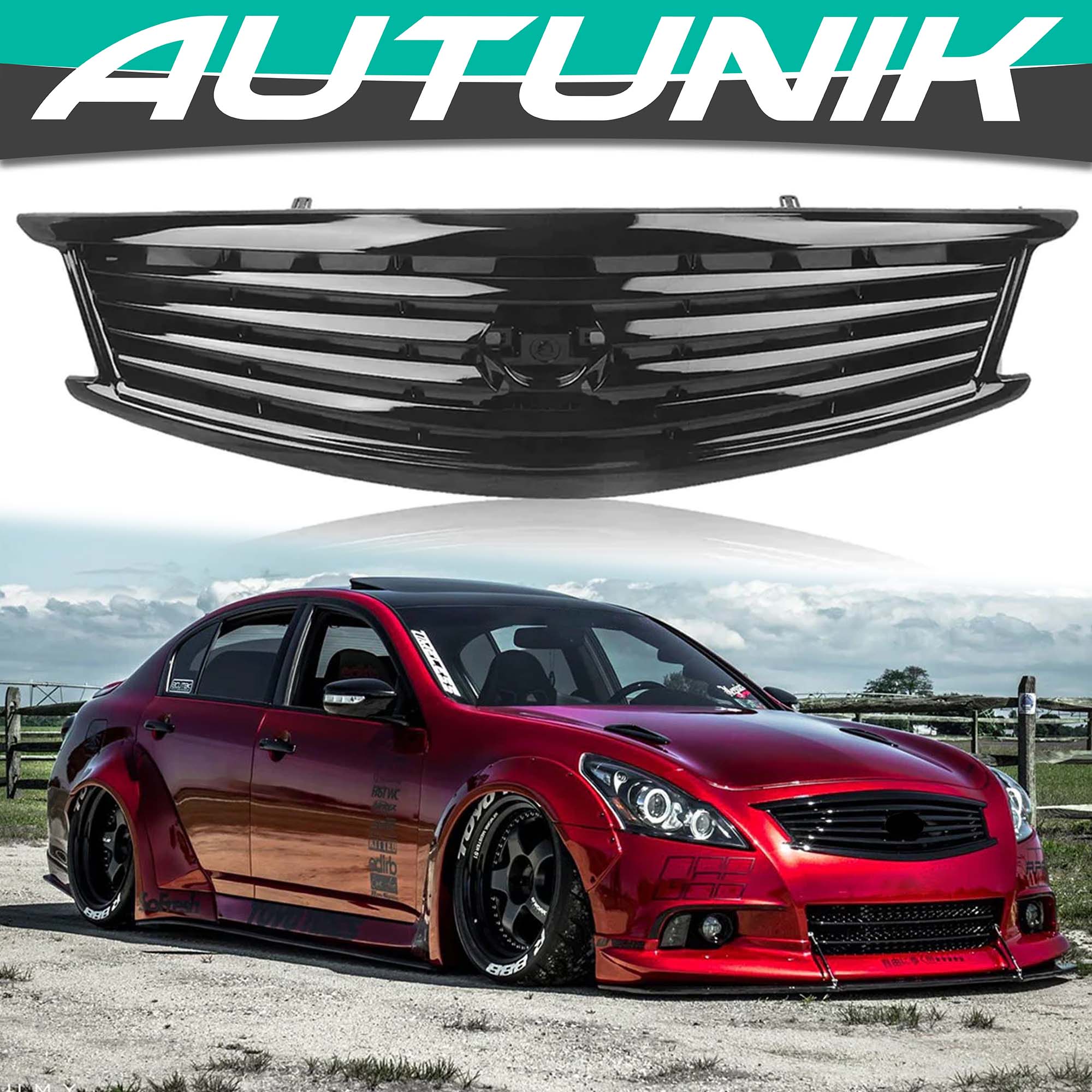 Front Bumper Grille For Infiniti G37 G25 2010-2013 Q40 4 Door Sedan Gloss Black