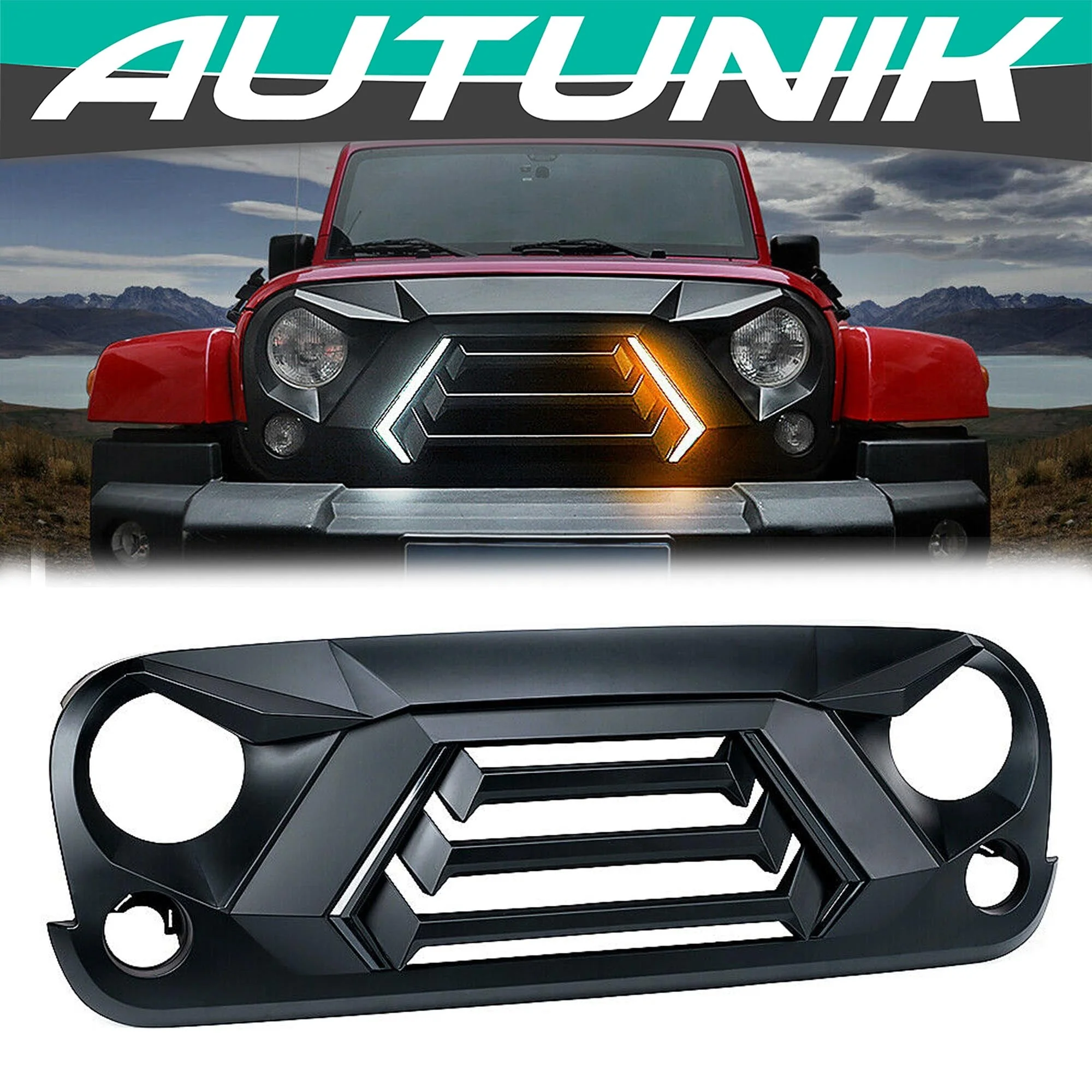 Front Bumper Grille Grill w/ LED Light for Jeep Wrangler JK 2007-2018