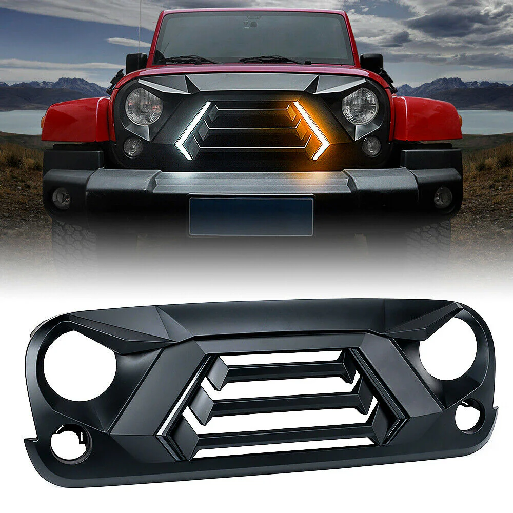 Front Bumper Grille Grill w/ LED Light for Jeep Wrangler JK 2007-2018 - Image 2