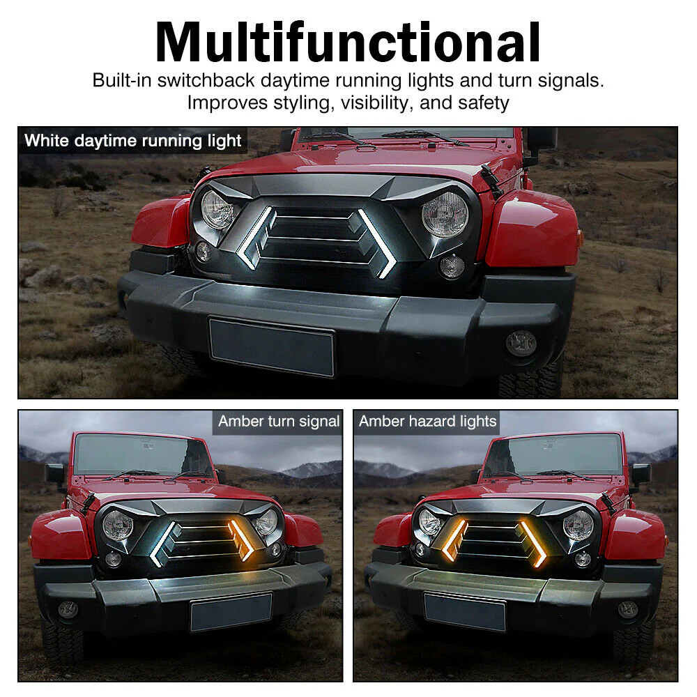 Front Bumper Grille Grill w/ LED Light for Jeep Wrangler JK 2007-2018 - Image 3