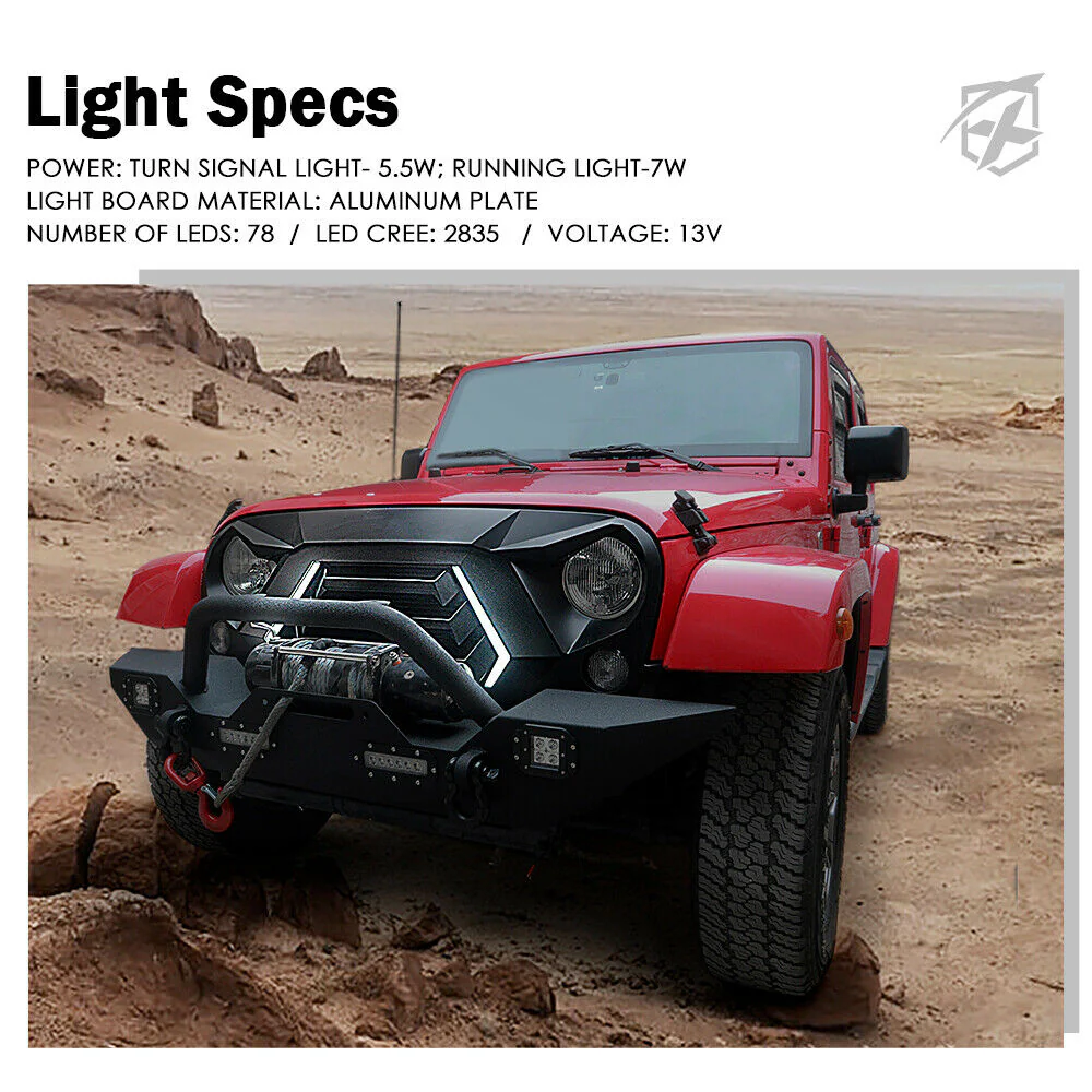 Front Bumper Grille Grill w/ LED Light for Jeep Wrangler JK 2007-2018 - Image 5