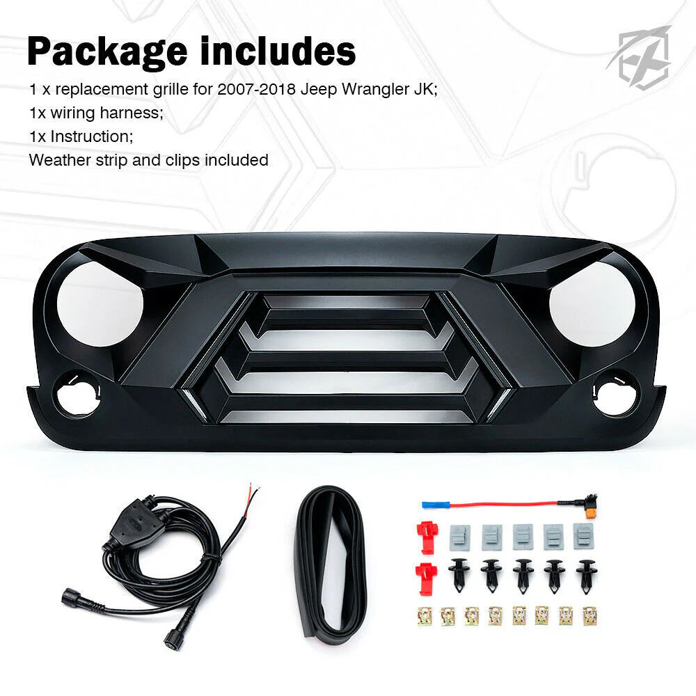 Front Bumper Grille Grill w/ LED Light for Jeep Wrangler JK 2007-2018 - Image 8