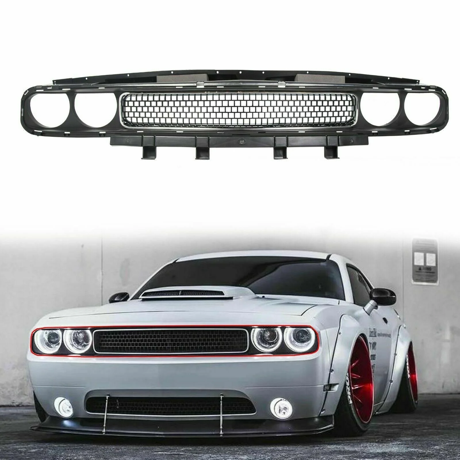 Front Bumper Grille Upper Grill Black w/ Chrome for Dodge Challenger 2008-2014 - Image 2