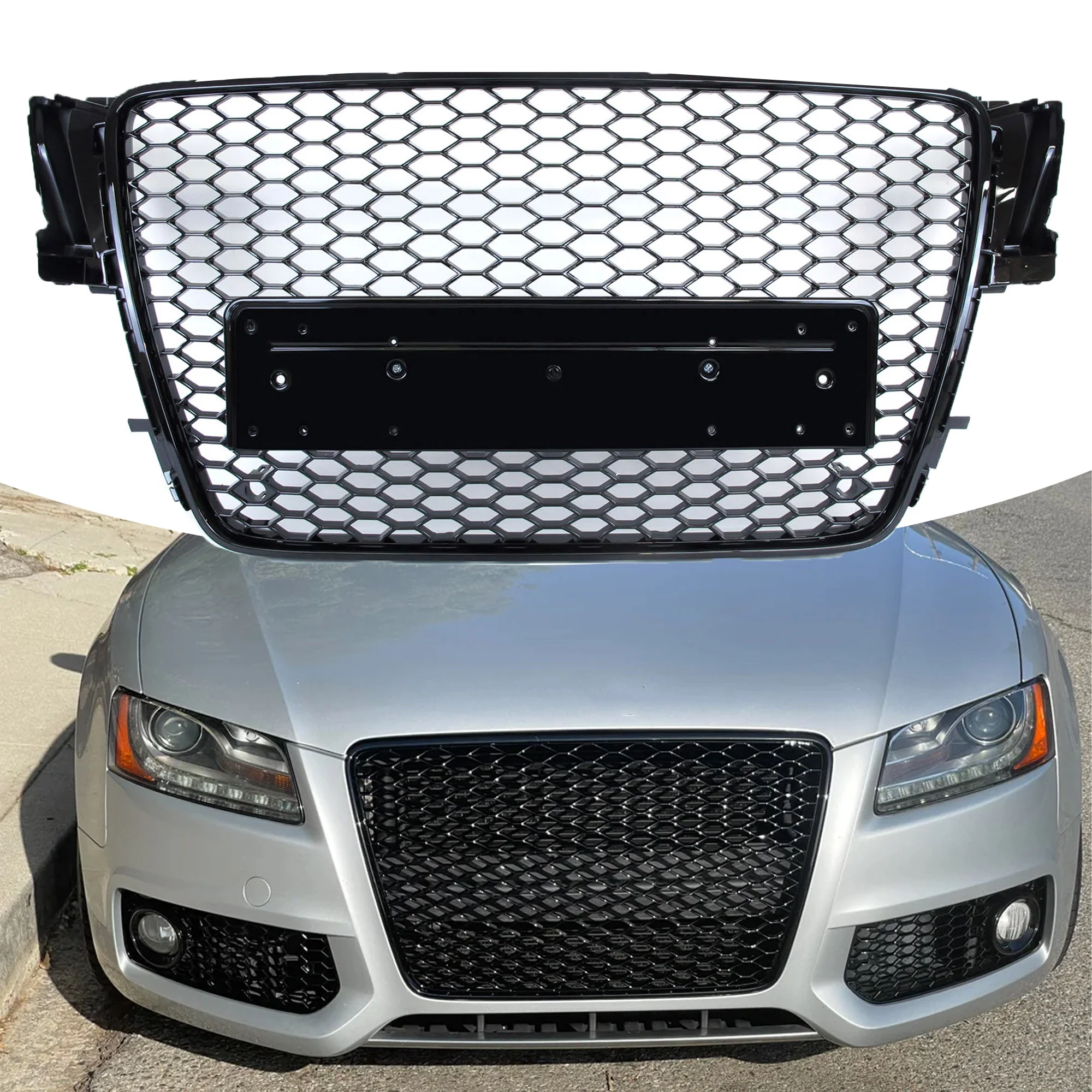 Front Mesh RS5 Style Bumper Hood Hex Grille Black For 2008-2012 Audi A5/S5 B8 8T