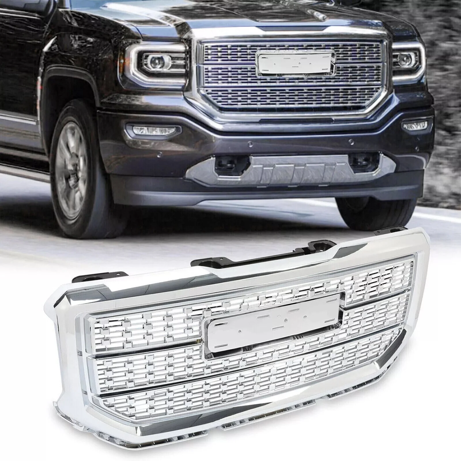 Front Upper Chrome Mesh Grill Fits 2016-2018 GMC Sierra 1500 Grille Denali Style - Image 2