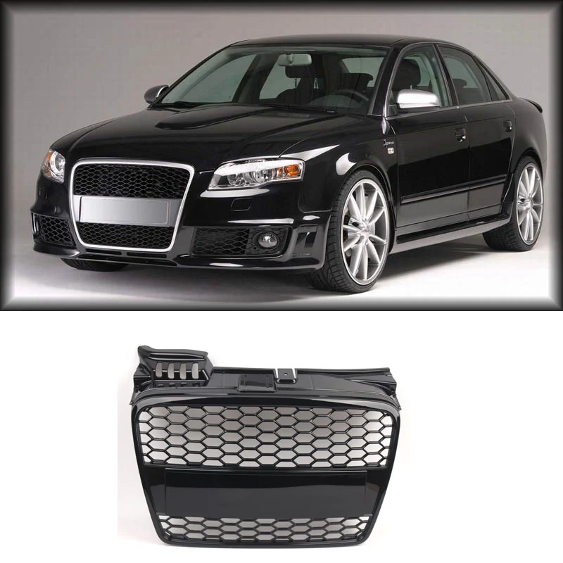 Front Upper Grille RS4 Style Honeycomb Mesh Gloss Black For Audi A4 B7 2005-2008 - Image 6