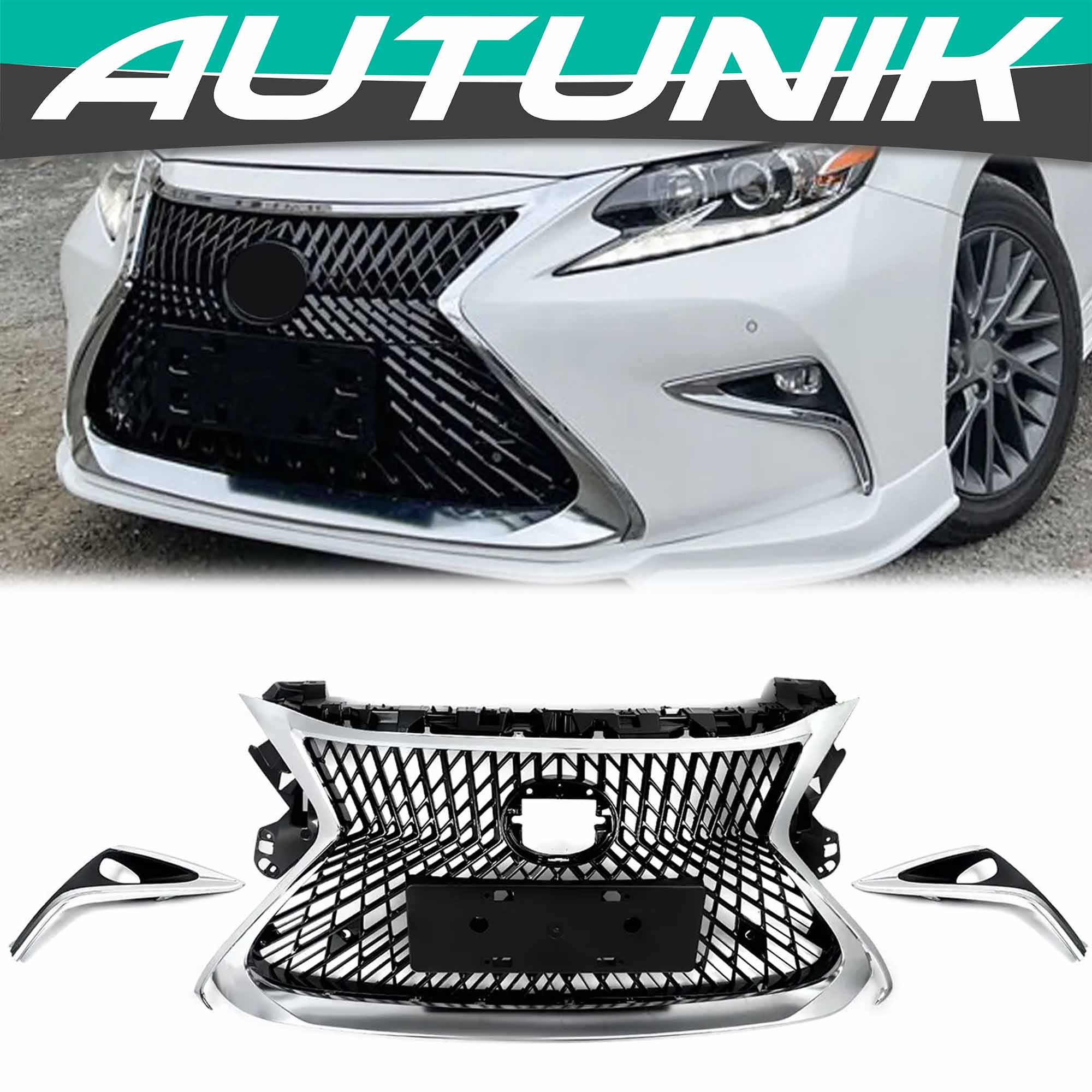 Front Upper Grille W/Trim Molding Fog Trims Set For Lexus ES300H ES350 2016-2018 - Image 2