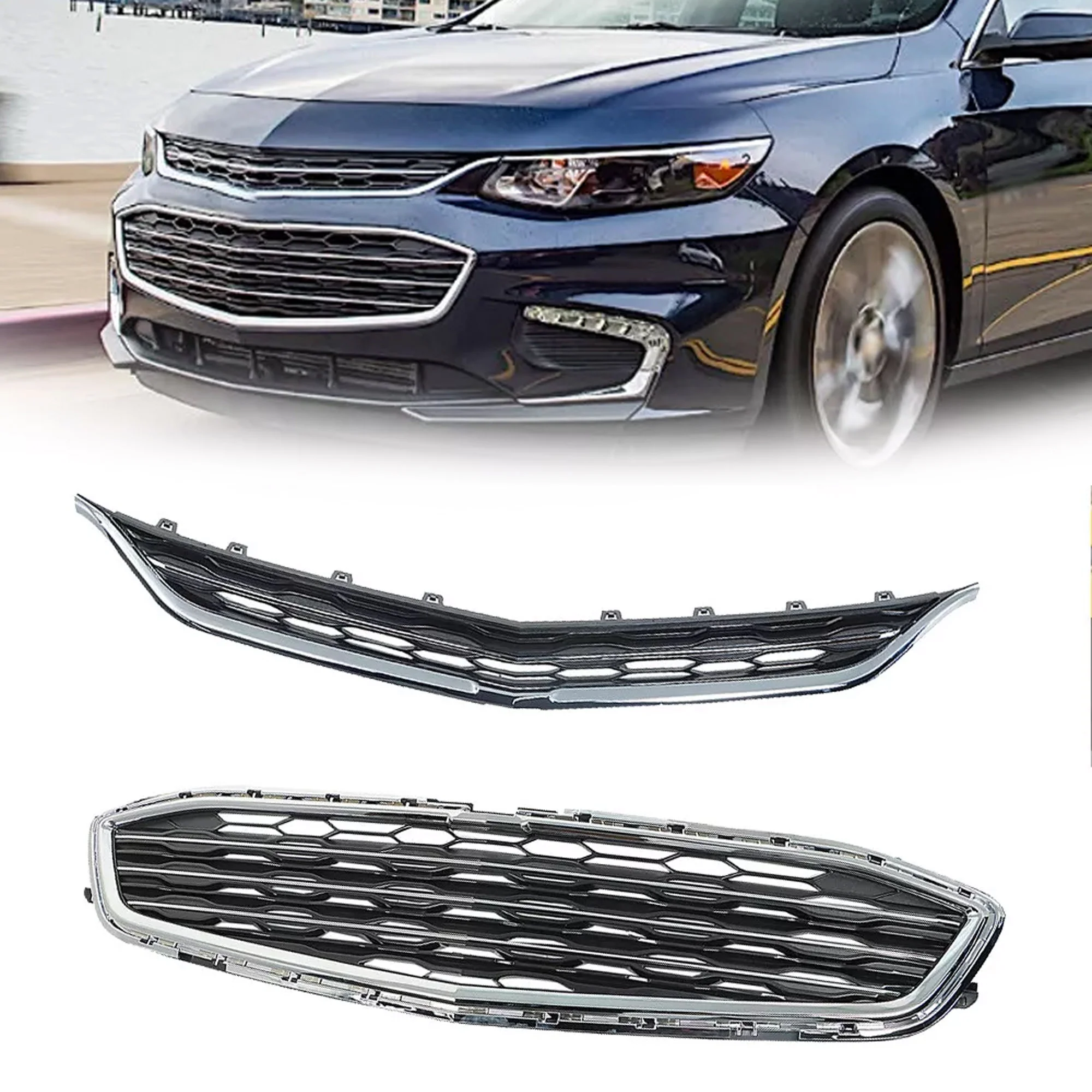 Front Honeycomb Upper Grille + Lower Grill For Chevrolet Malibu 2016-2018