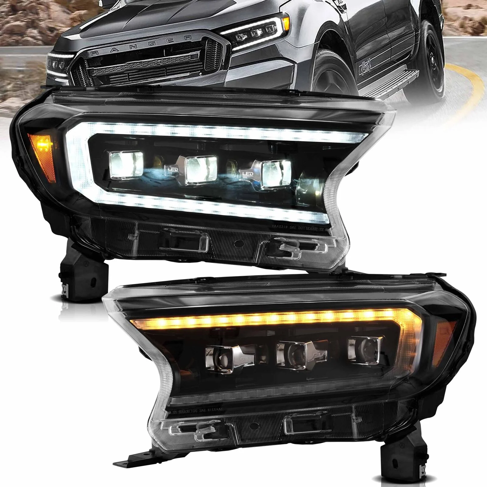 For 2016-2021 Ford Ranger Projector FULL LED Headlights Headlamps Assembly
