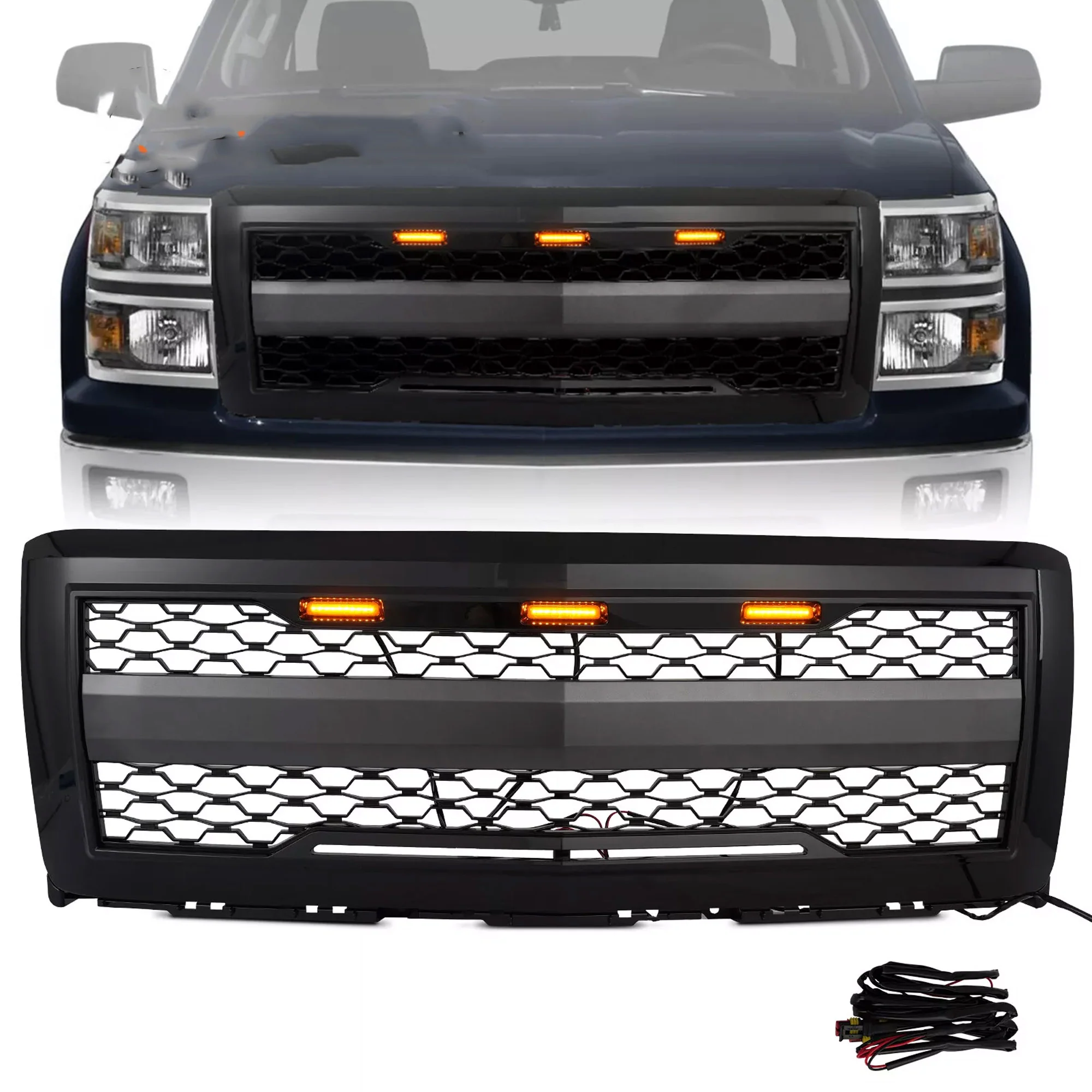 Gloss Black Front Bumper Hood Upper Grille w/Light For 2014-2015 Chevy Silverado 1500