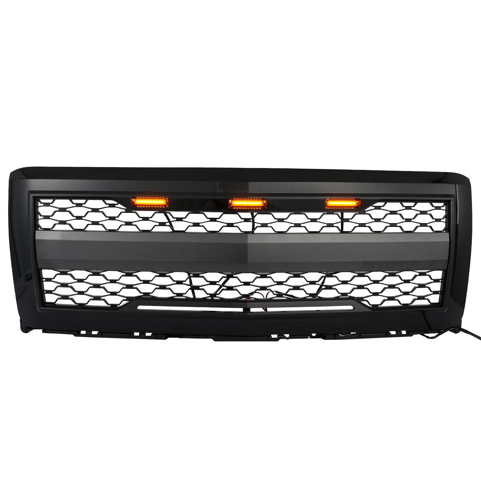 Gloss Black Front Bumper Hood Upper Grille w/Light For 2014-2015 Chevy Silverado 1500 - Image 2