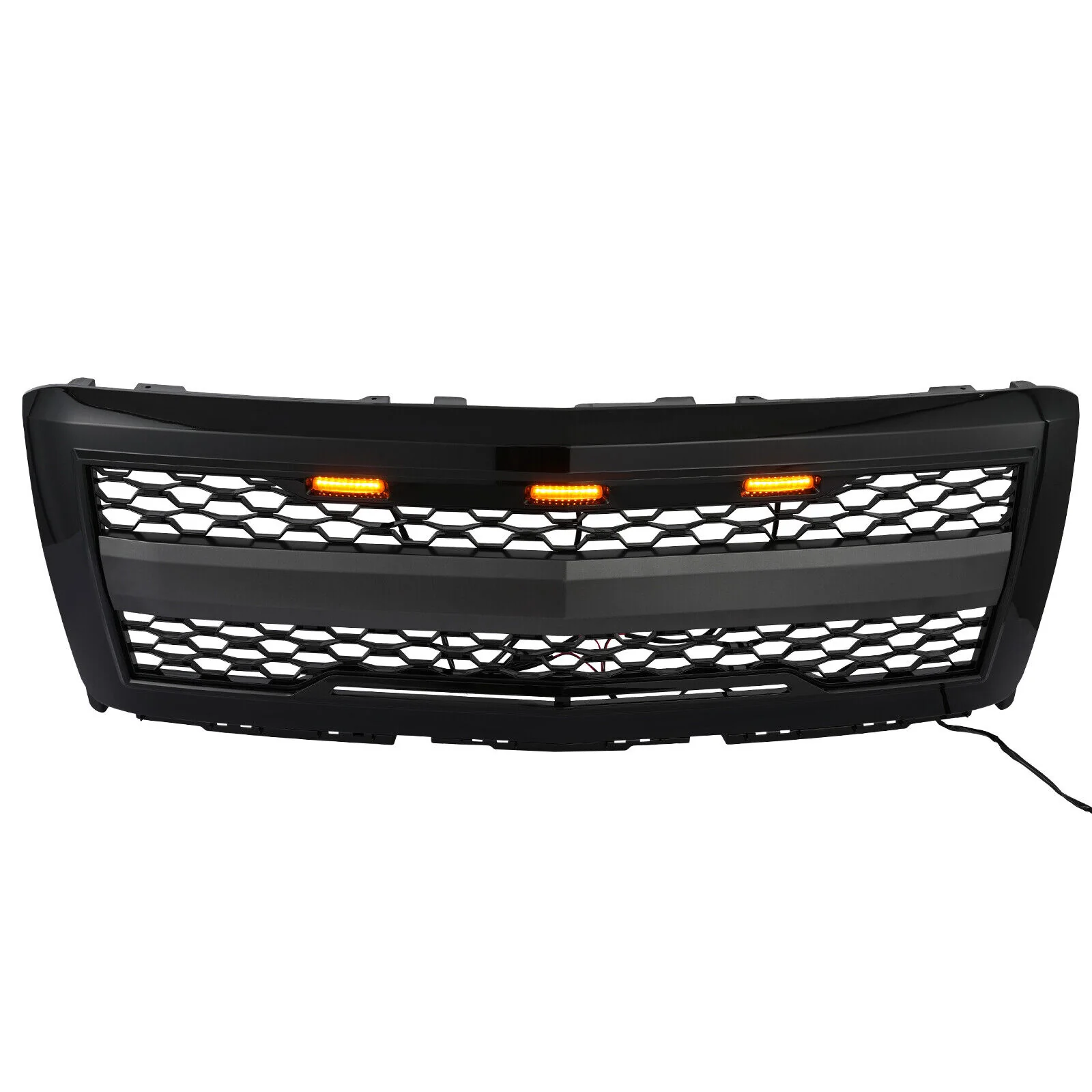 Gloss Black Front Bumper Hood Upper Grille w/Light For 2014-2015 Chevy Silverado 1500 - Image 3