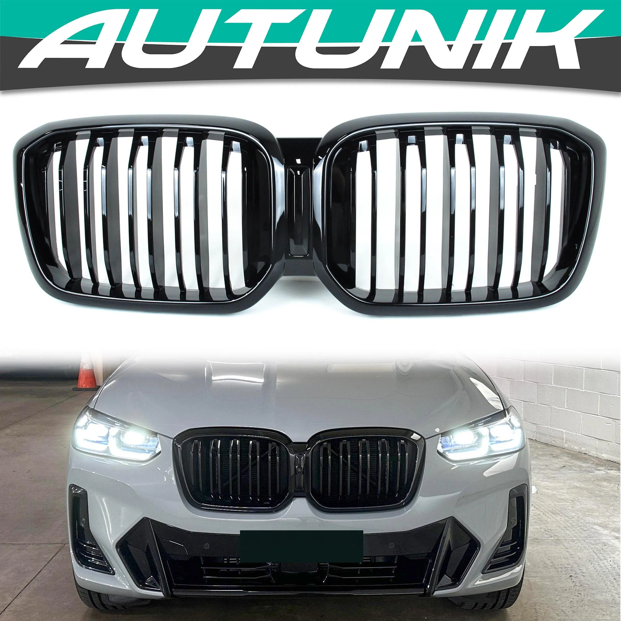 Fit 22-24 BMW X3 G01 22-25 X4 G02 LCI Front Bumper Grill Black Dual Slat Grille